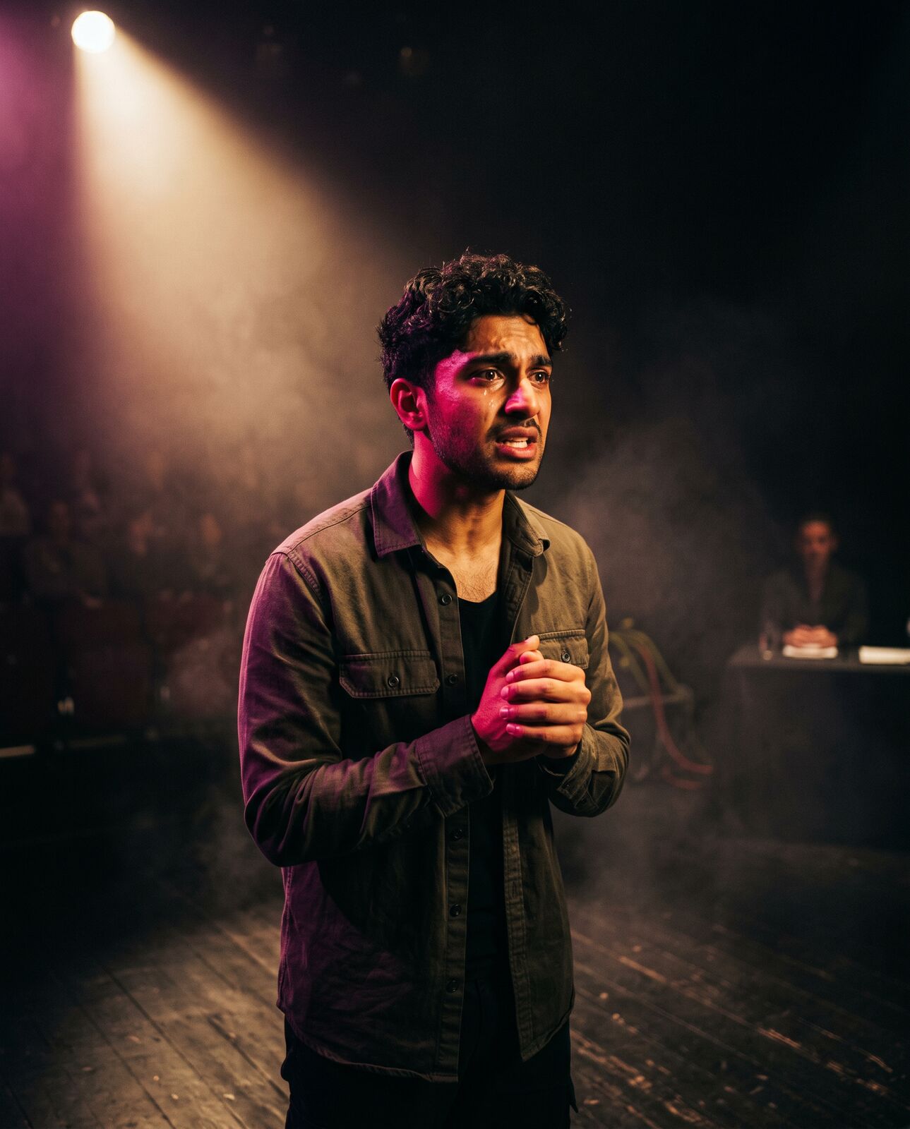 Actor auditioning under a spotlight